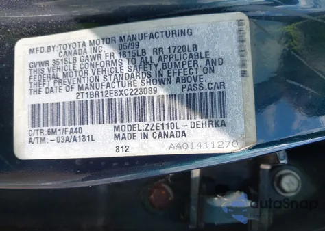 1999 Toyota Corolla Ve z USA, uszkodzony, nr VIN 2T1BR12E8XC223089